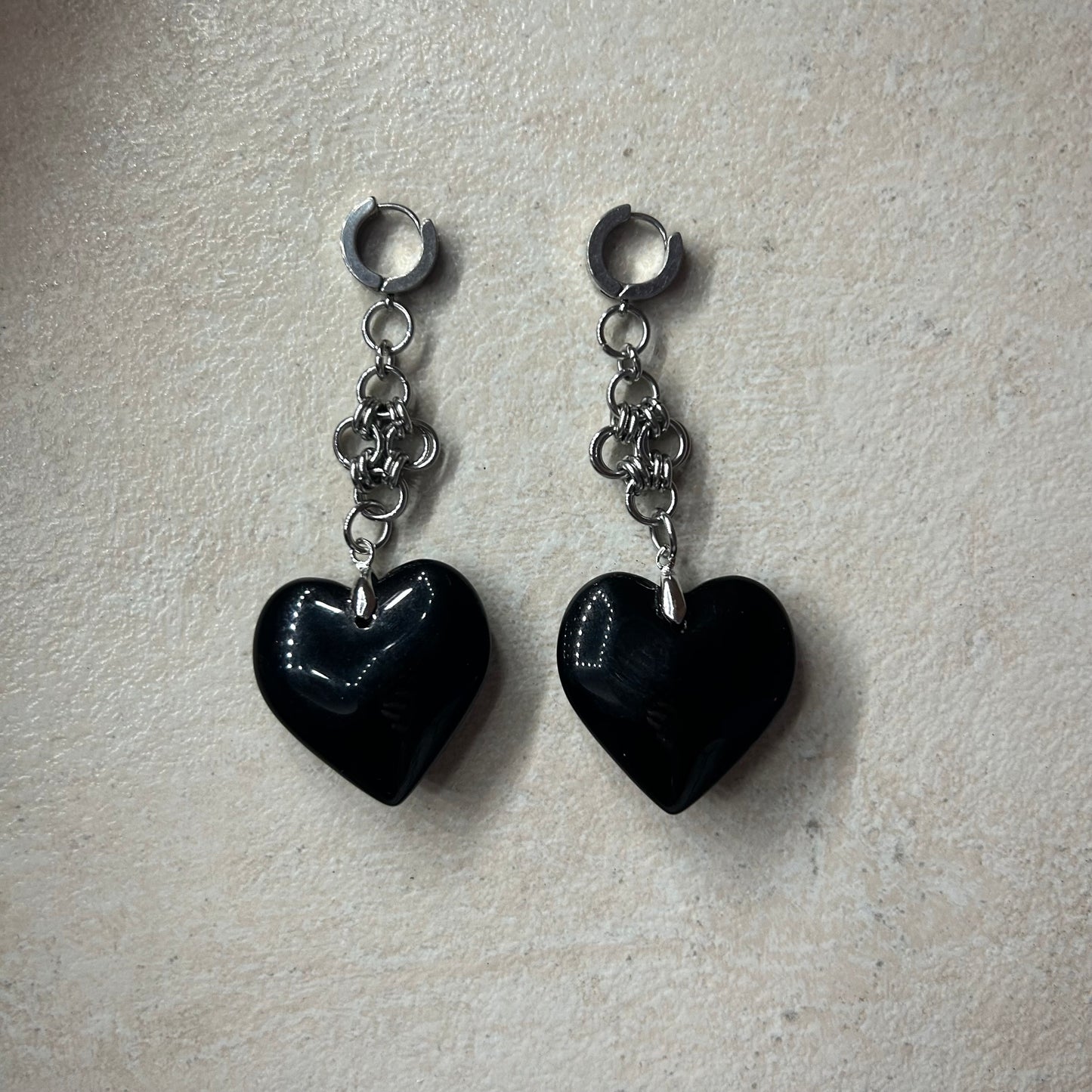 Chainmail cross glass puffy heart pendant earrings