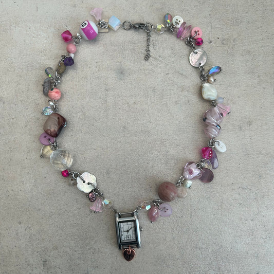 Pink watch cluster clutter necklace