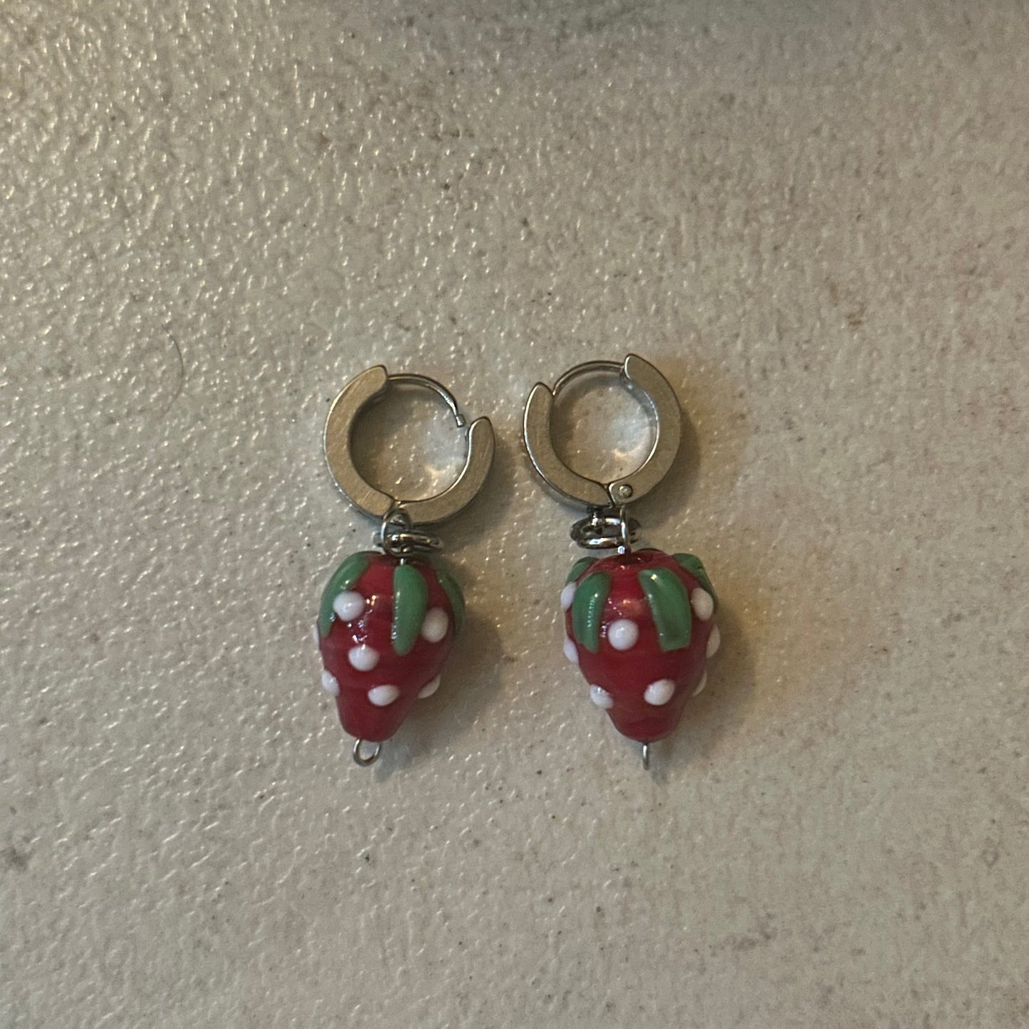 Glass lamp work strawberry stainless steel earrings