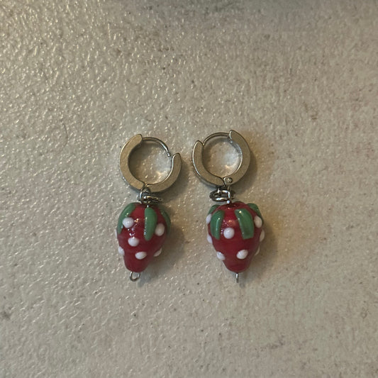 Glass lamp work strawberry stainless steel earrings