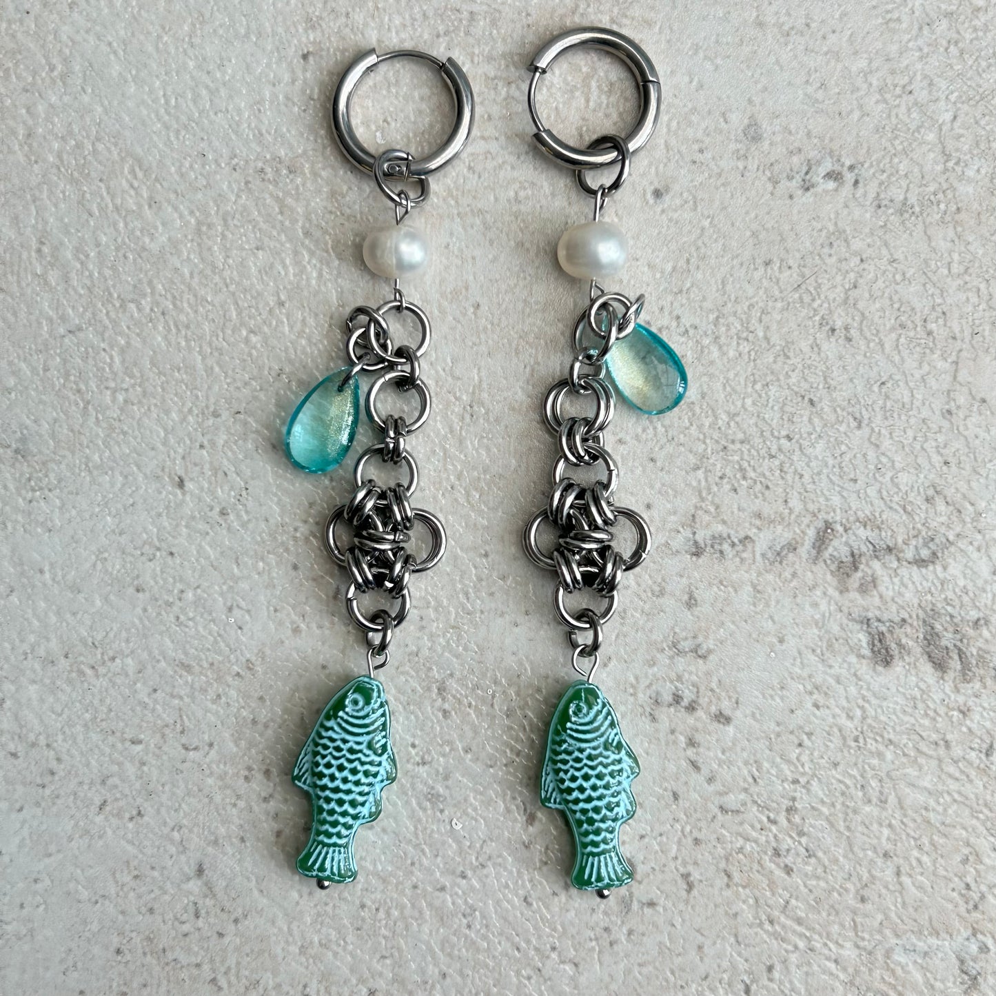 Blue on green chainmail cross fish earrings