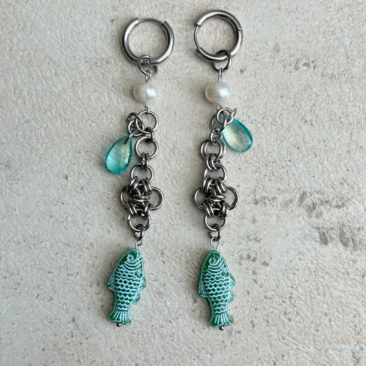 Blue on green chainmail cross fish earrings