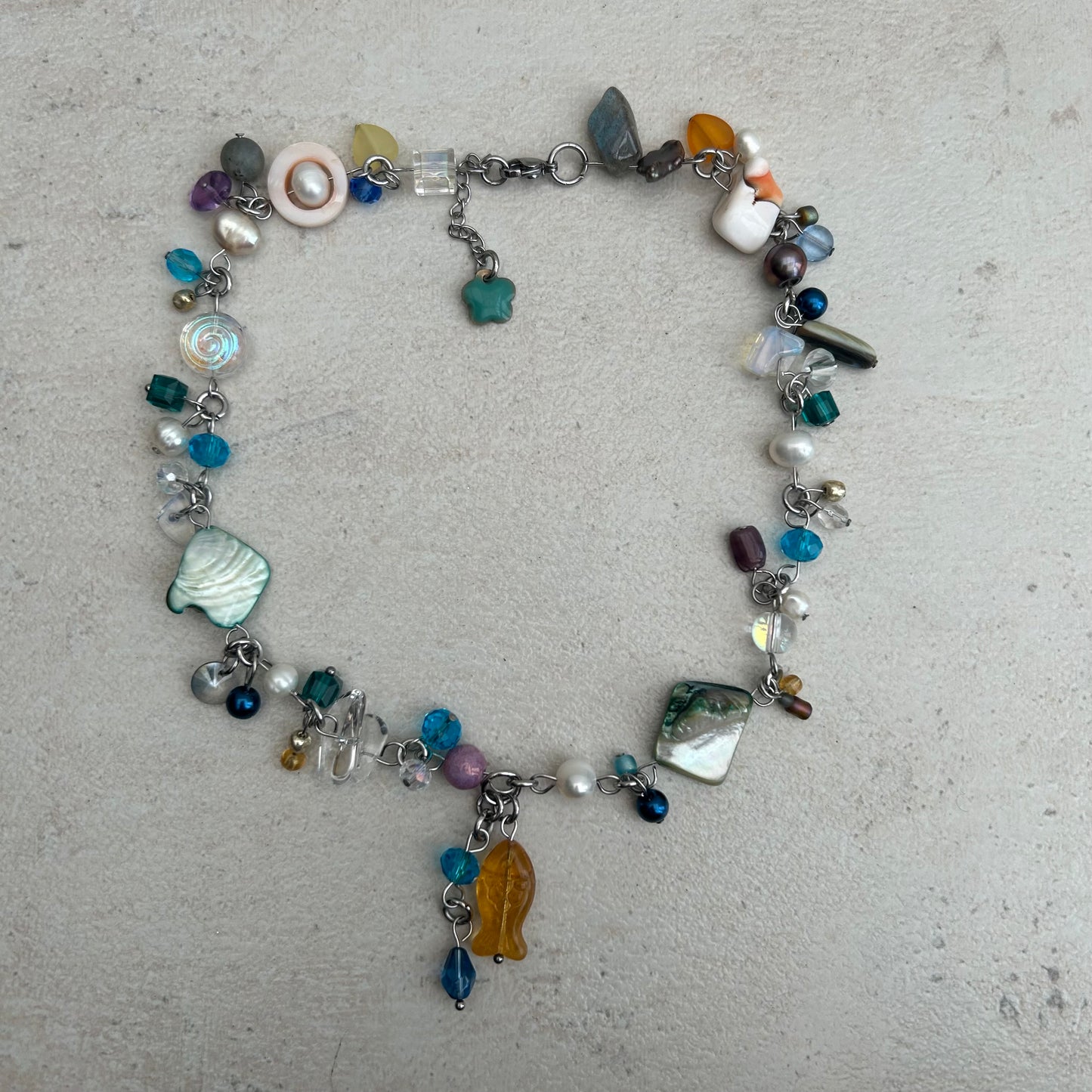 'Magda' fish charm glass beaded cluster clutter necklace