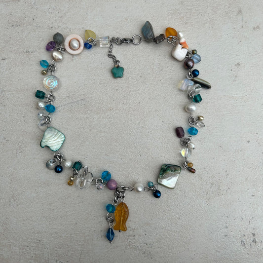 'Magda' fish charm glass beaded cluster clutter necklace