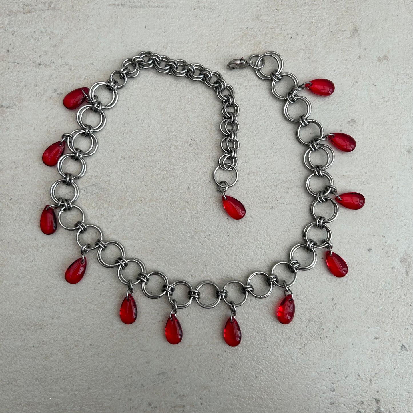 'Tears of Blood' Stainless steel chainmail silver and red glass droplet choker necklace