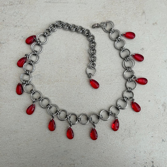 'Tears of Blood' Stainless steel chainmail silver and red glass droplet choker necklace