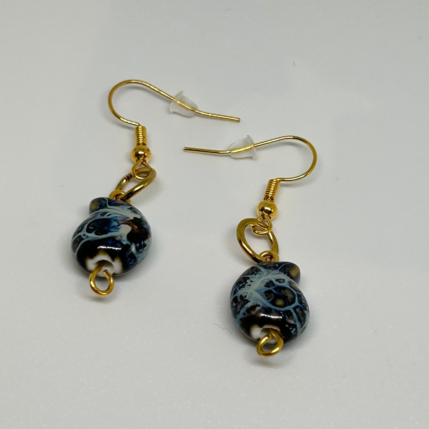 blue ceramic shell gold toned earrings