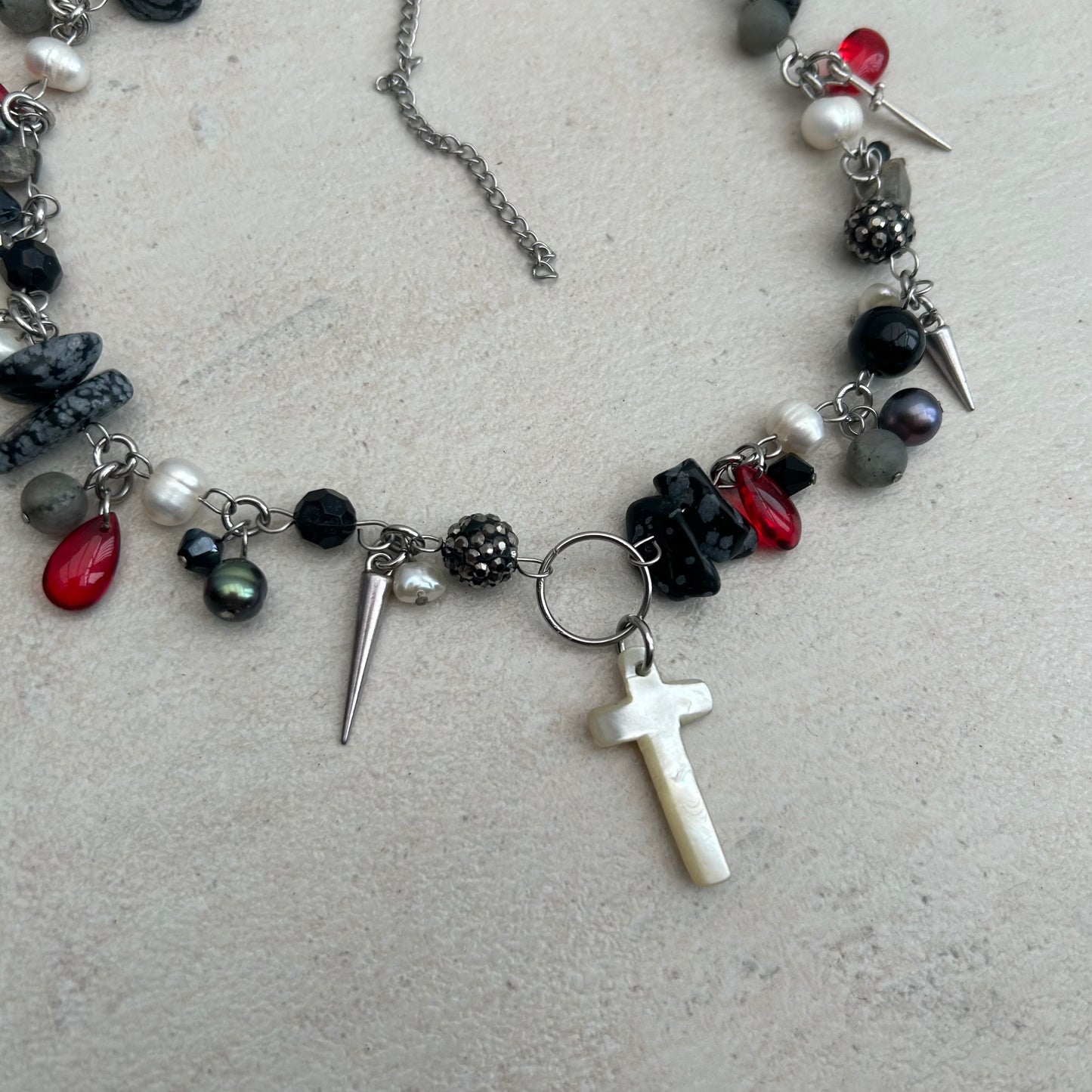 'Full of Woe' black, red and silver charm and glass cluster clutter necklace