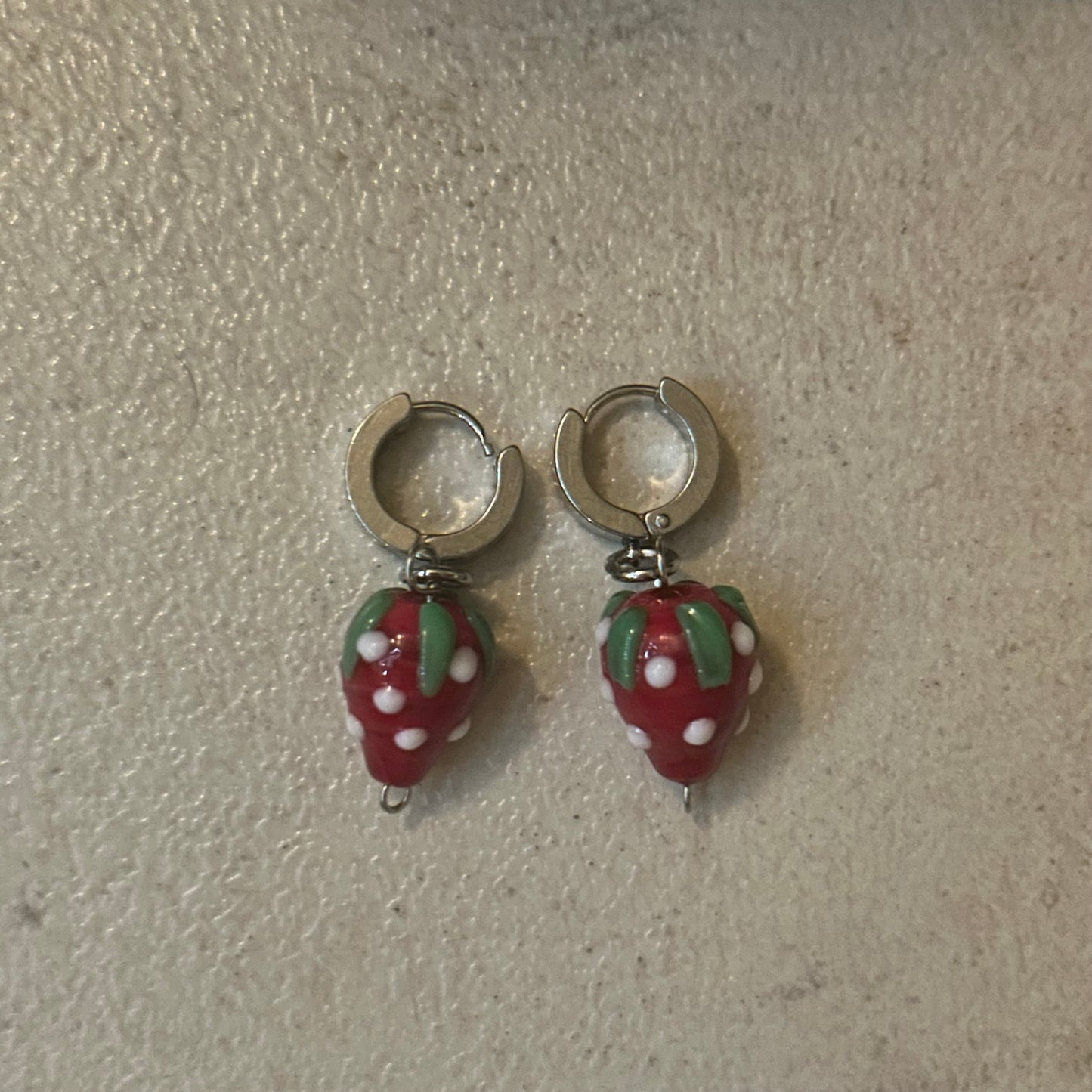 Glass lamp work strawberry stainless steel earrings