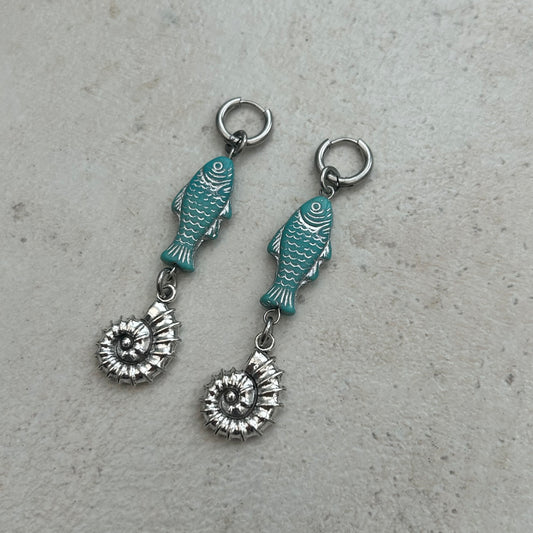 blue & silver fish shell earrings
