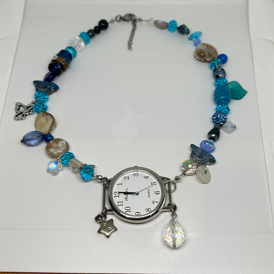 Blue charm watch ravel face necklace