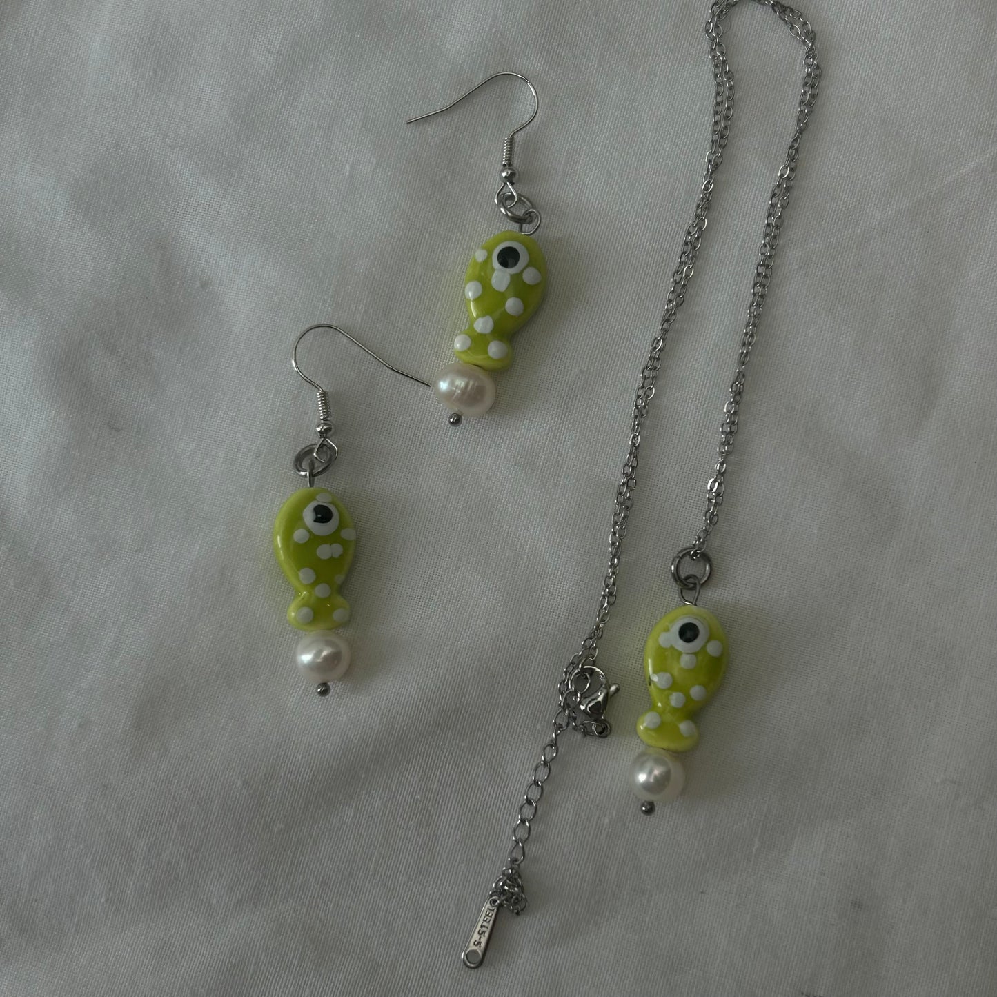 Lime green polka fish necklace set
