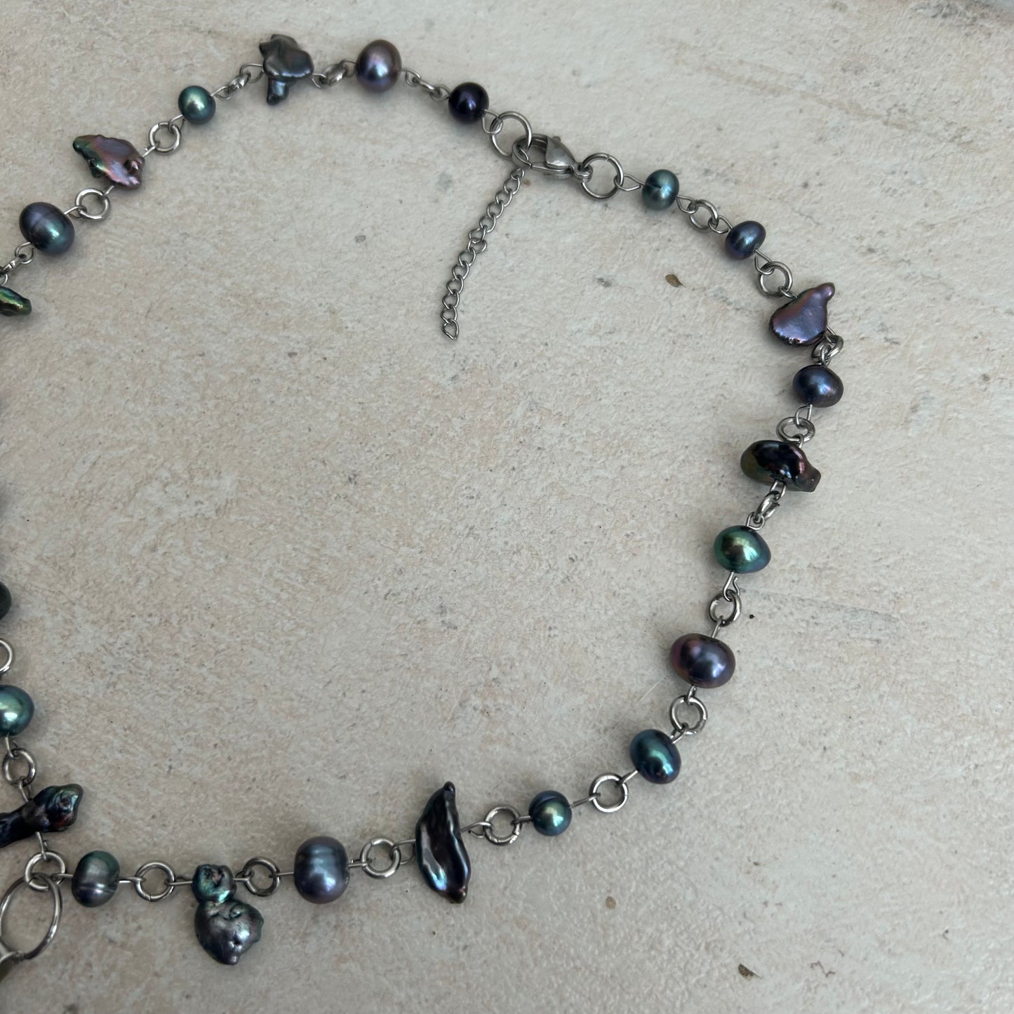 dark blue glass heart and freshwater pearl necklace