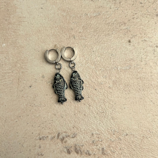 Grey on black fish earrings