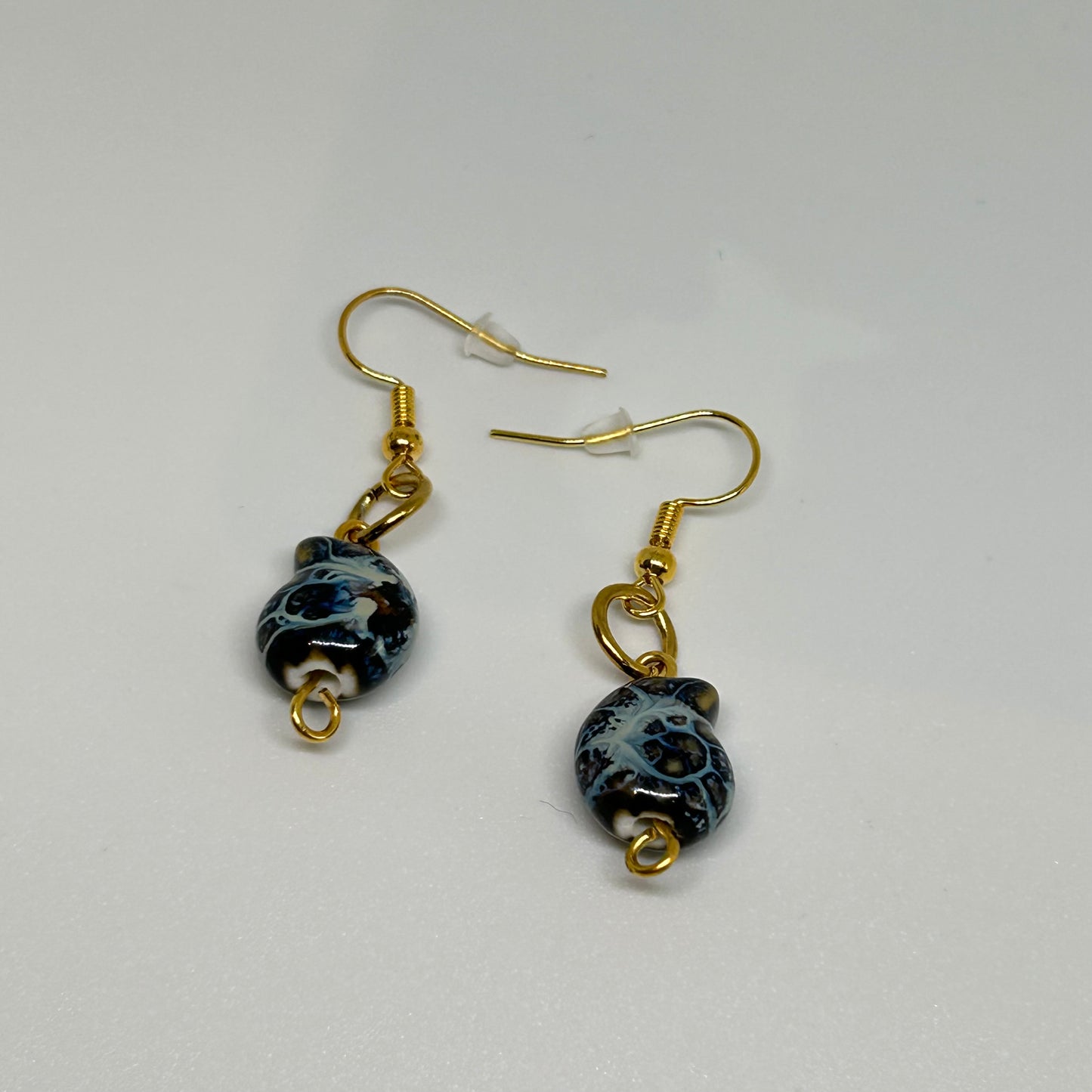 blue ceramic shell gold toned earrings