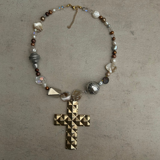 Chunky cross mixed metals necklace
