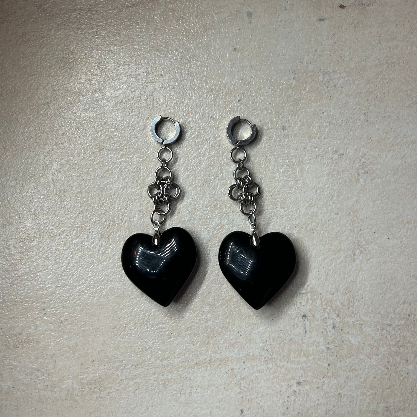 Chainmail cross glass puffy heart pendant earrings