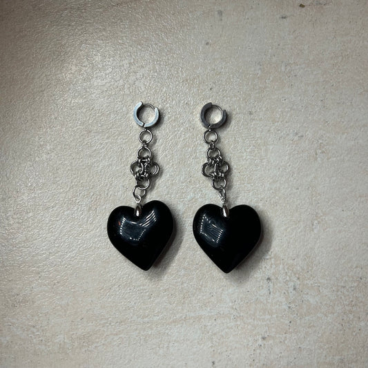 Chainmail cross glass puffy heart pendant earrings