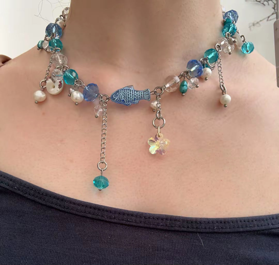 blue glass fish cluster necklace