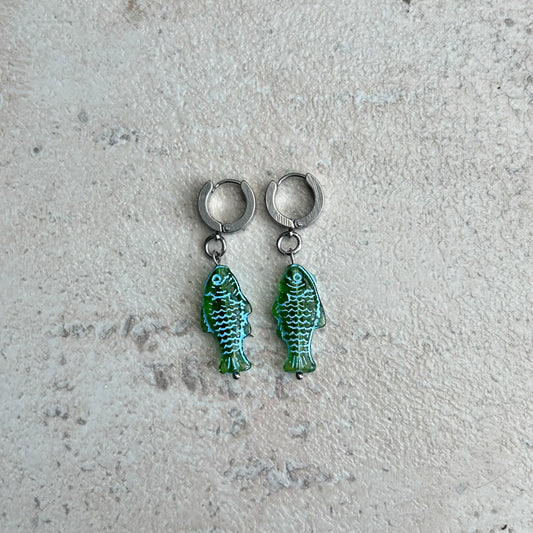 Transparent green fish earrings