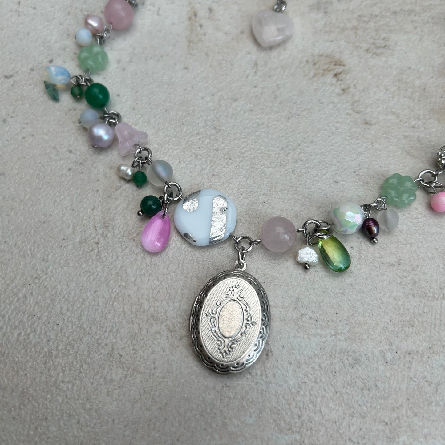 glass cluster clutter green and pink locket necklace