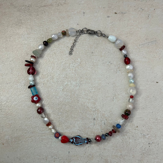 Burgundy & blue fish beaded necklace