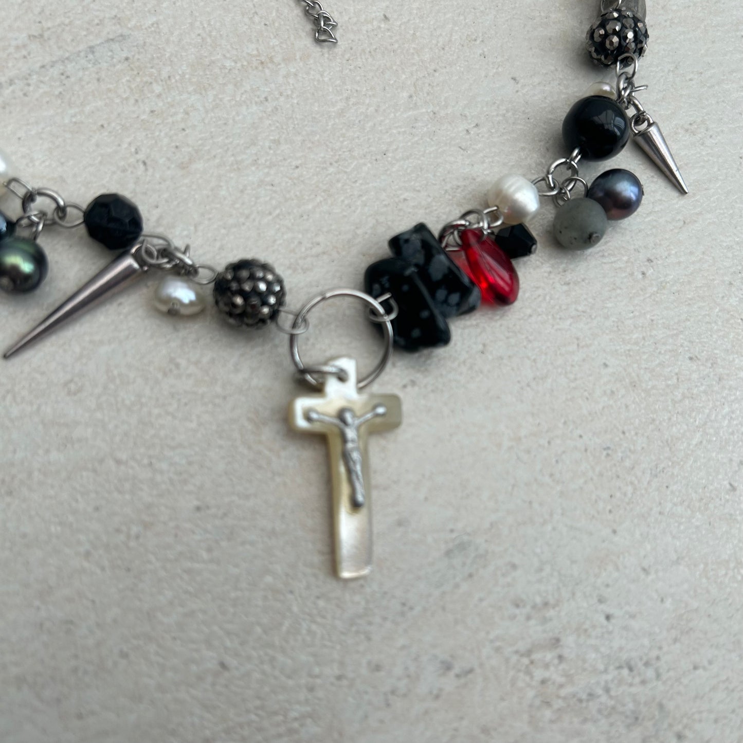'Full of Woe' black, red and silver charm and glass cluster clutter necklace
