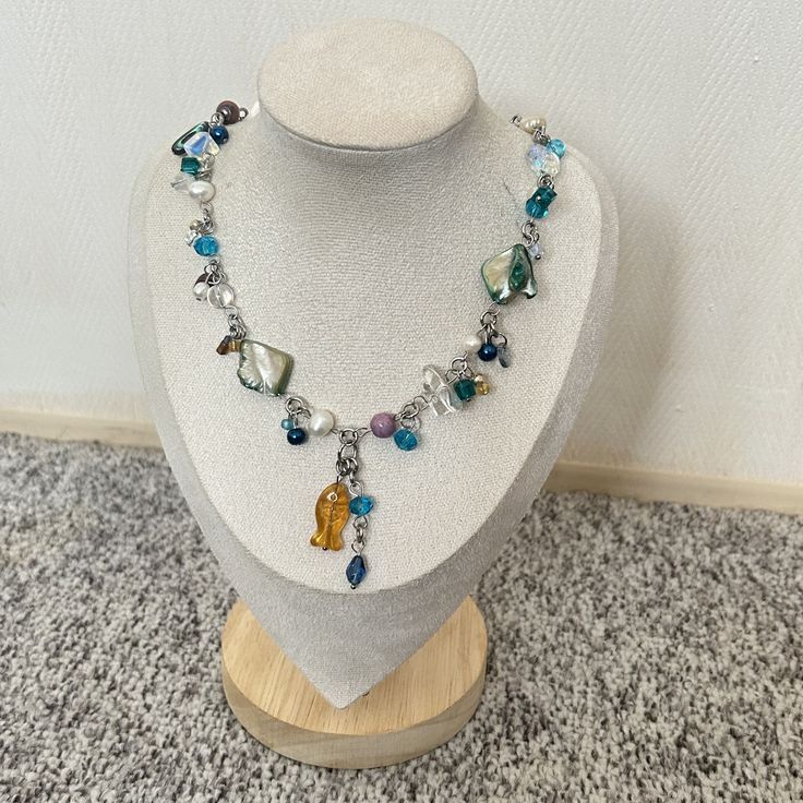 'Magda' fish charm glass beaded cluster clutter necklace