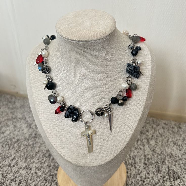 'Full of Woe' black, red and silver charm and glass cluster clutter necklace